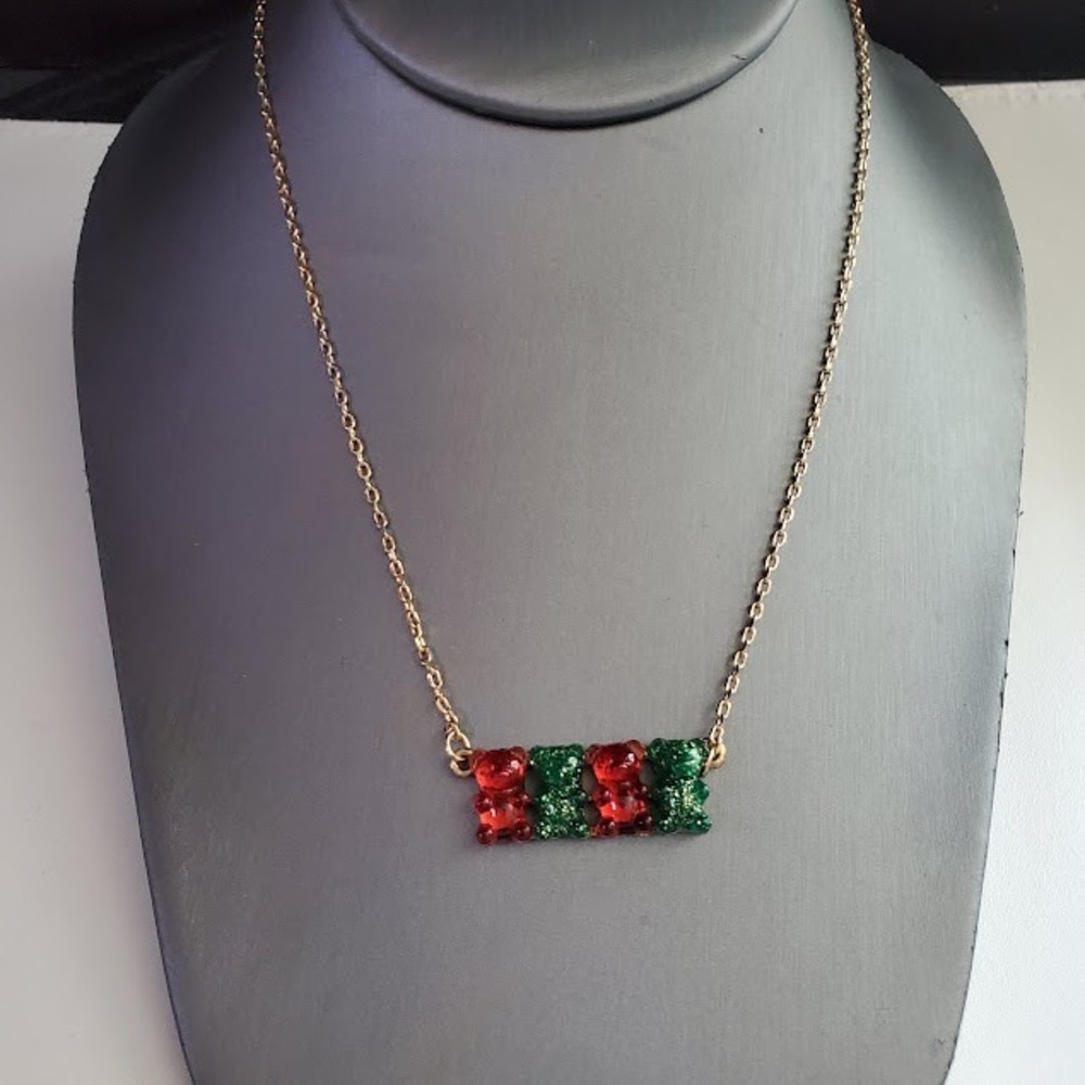 Betsey Johnson Christmas Gummy Bear Necklace Red Green Glitter Gold Tone Chain